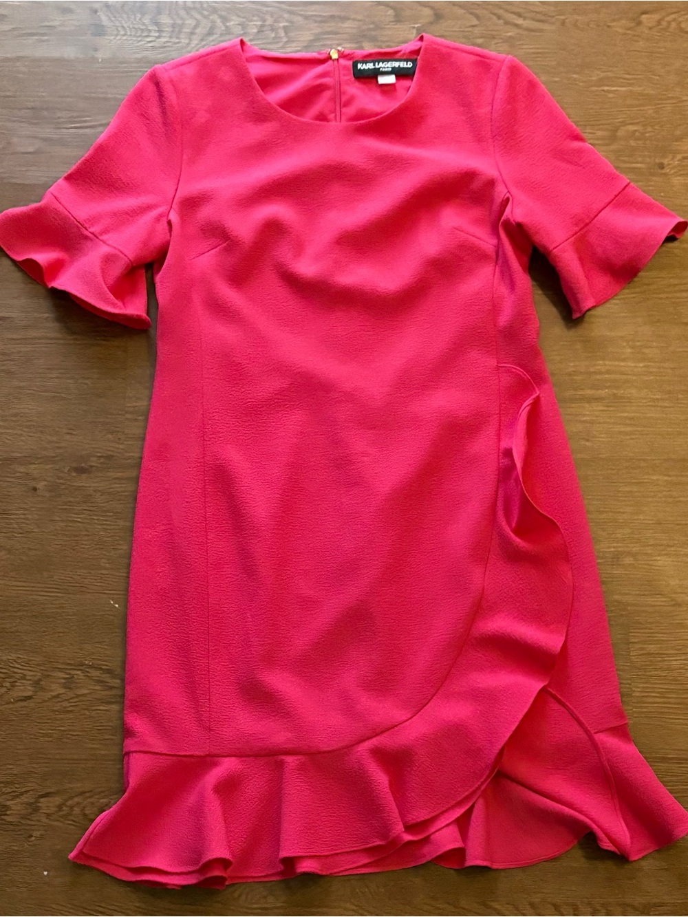 Karl Lagerfeld Paris Pink Crepe Sheath Dress Ruffle Hem Short Bell Sleeve Size 6